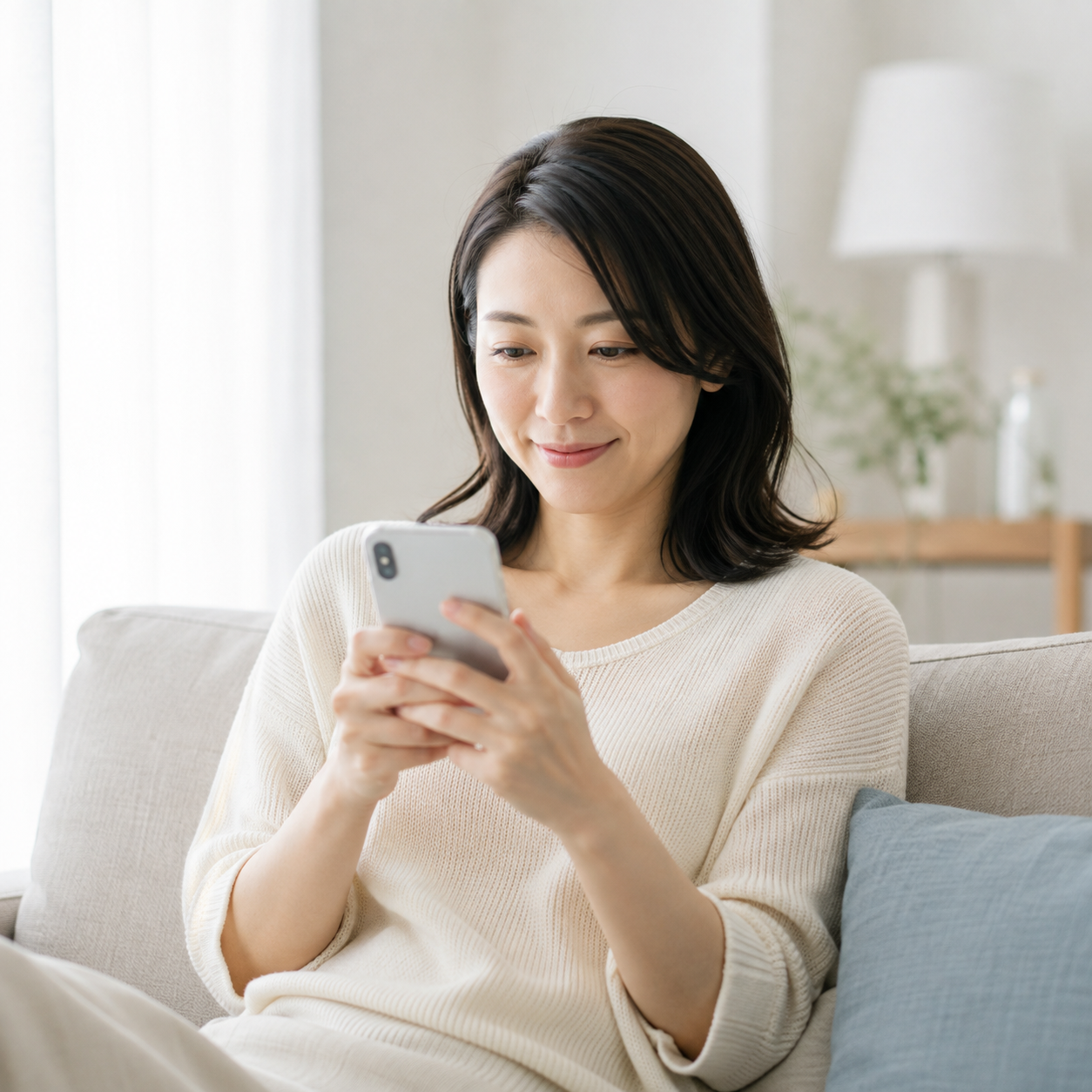 自宅のソファでスマホからオンライン診療を受ける女性